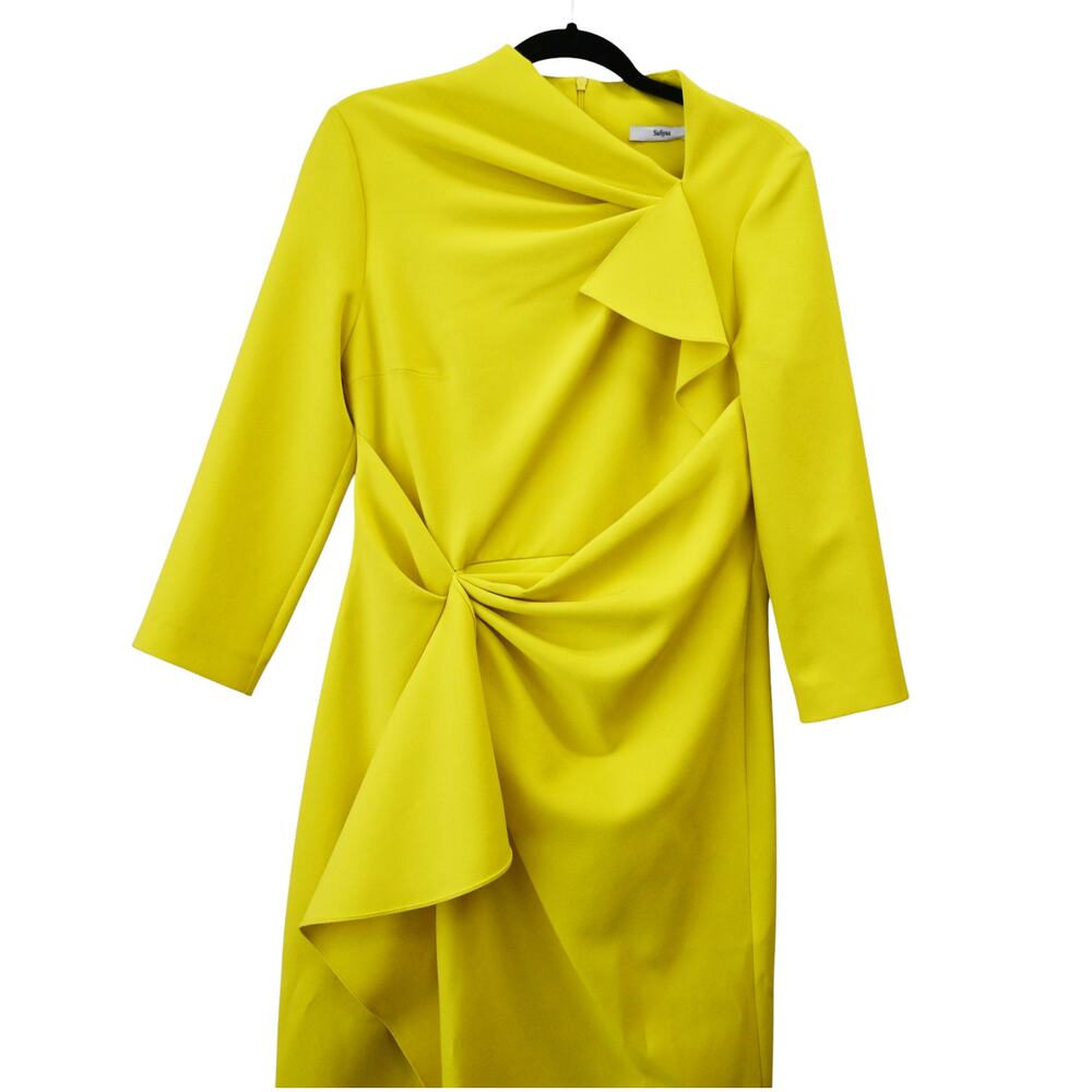 Safiyaa Avery Bright Yellow Draped Crepe Asymmetric Midi Dress Size 10 - Picture 3 of 13